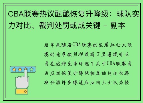 CBA联赛热议酝酿恢复升降级：球队实力对比、裁判处罚或成关键 - 副本 - 副本